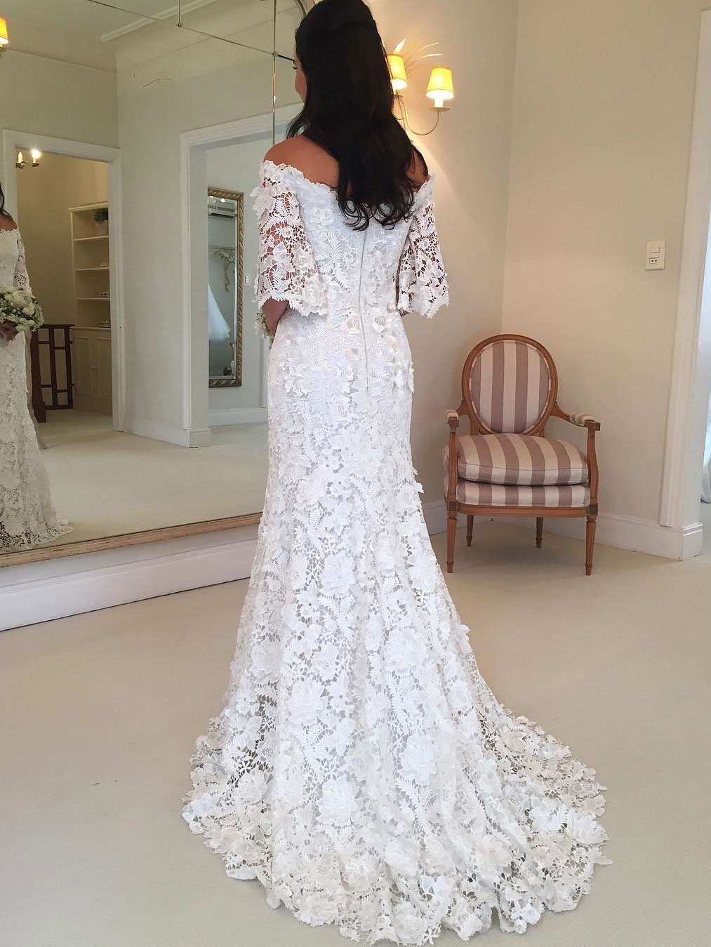 Classy Half Sleeve Off the Shoulder Lace Wedding Dress W297 - Ombreprom