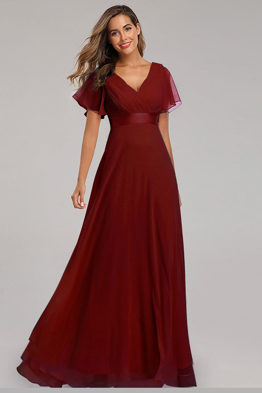 Pleated Sweetheart Neck Lace Ruffles Chiffon Dress Burgundy main image 1