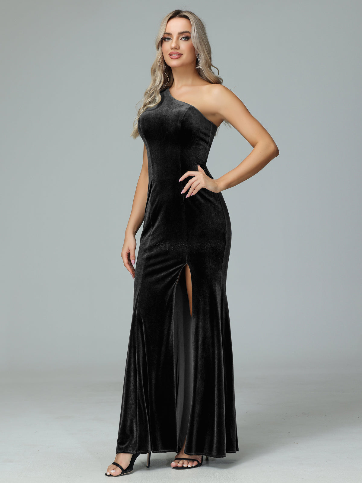 One Shoulder Plus Size Velvet Bridesmaid Dress With Slit