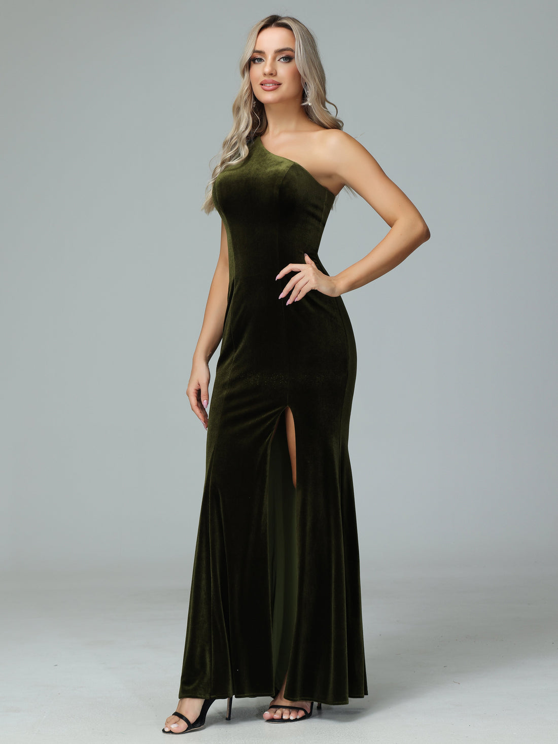 One Shoulder Velvet Bridesmaid Dress With Slit