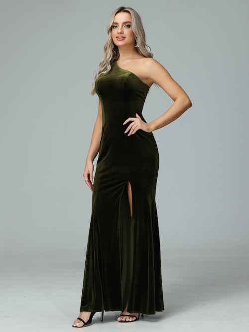 Sheath One-Shoulder Pleated Chiffon Dresses with Slit Grape