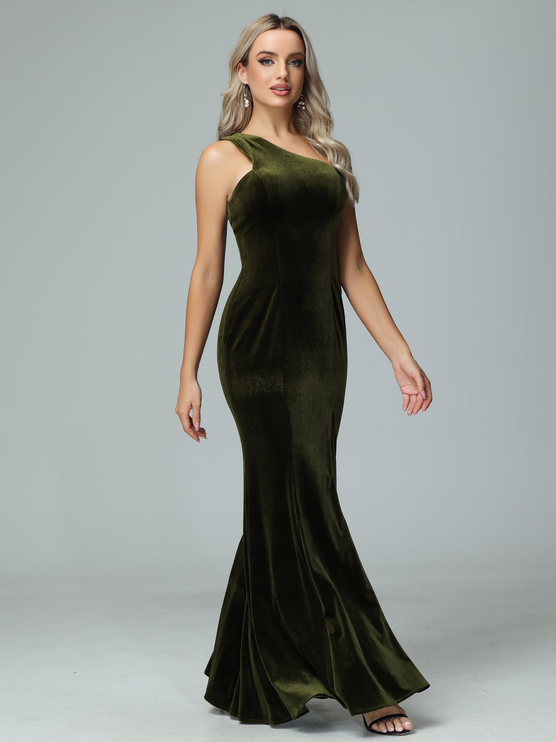 Sheath One-Shoulder Pleated Chiffon Dresses with Slit Mint Green