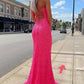 Sparkly Mermaid Sequined Hot Pink Evening Gown Sleeveless Long Prom Dresses with Slit