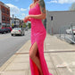 Sparkly Mermaid Sequined Hot Pink Evening Gown Sleeveless Long Prom Dresses with Slit