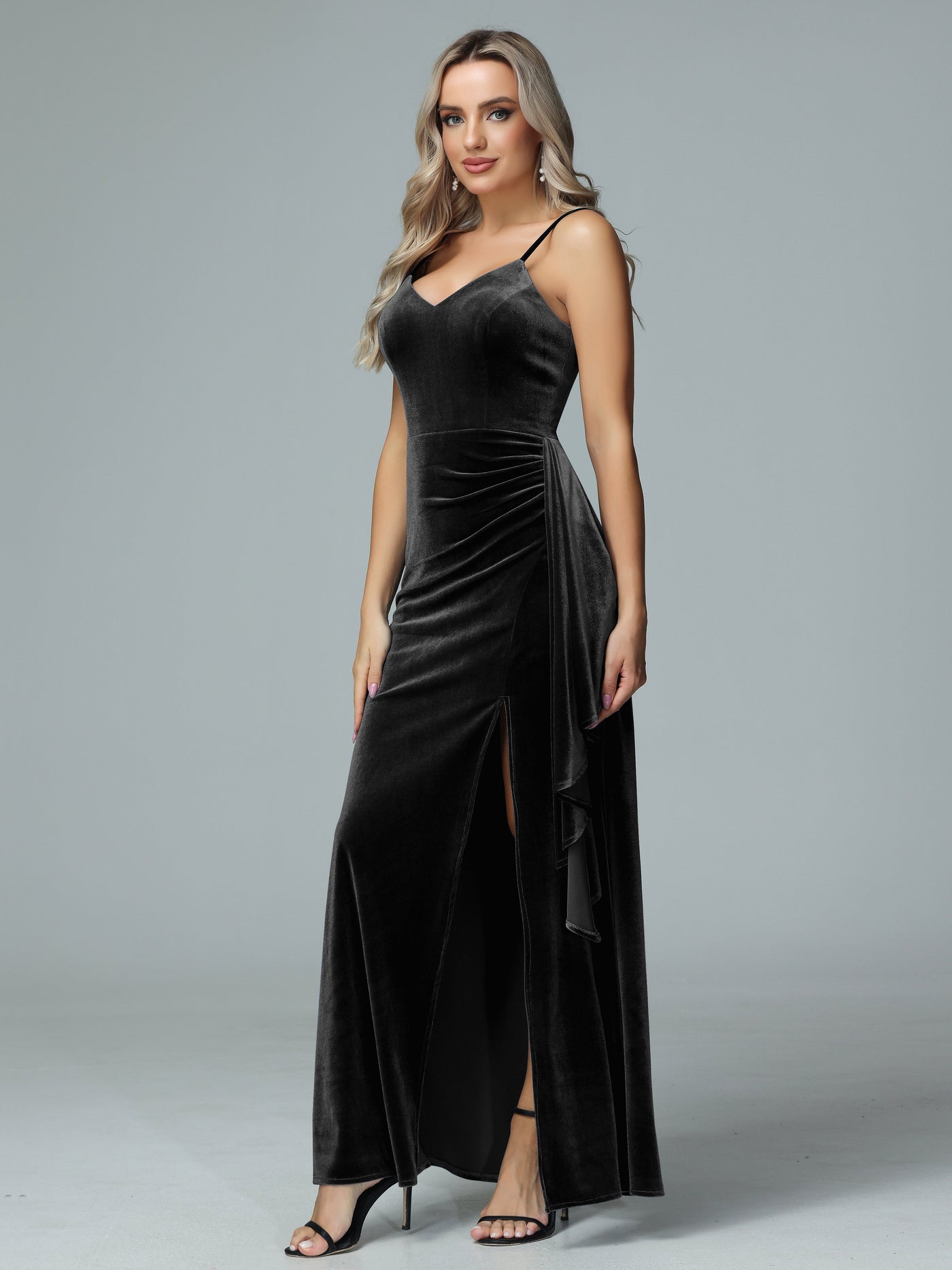 Spaghetti Straps V-neck Velvet Dress with Slit Silver Plus Size main image 1