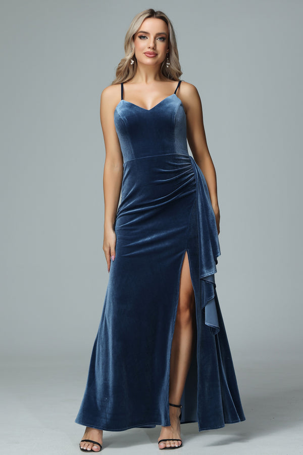 Spaghetti Straps V-neck Velvet Dress with Slit Dusty Rose Plus Size main image 1
