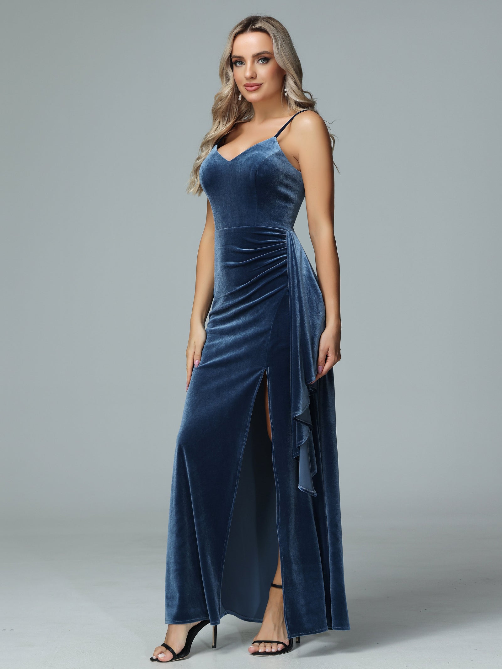 Spaghetti Straps V-neck Velvet Dress with Slit Rust main image 1