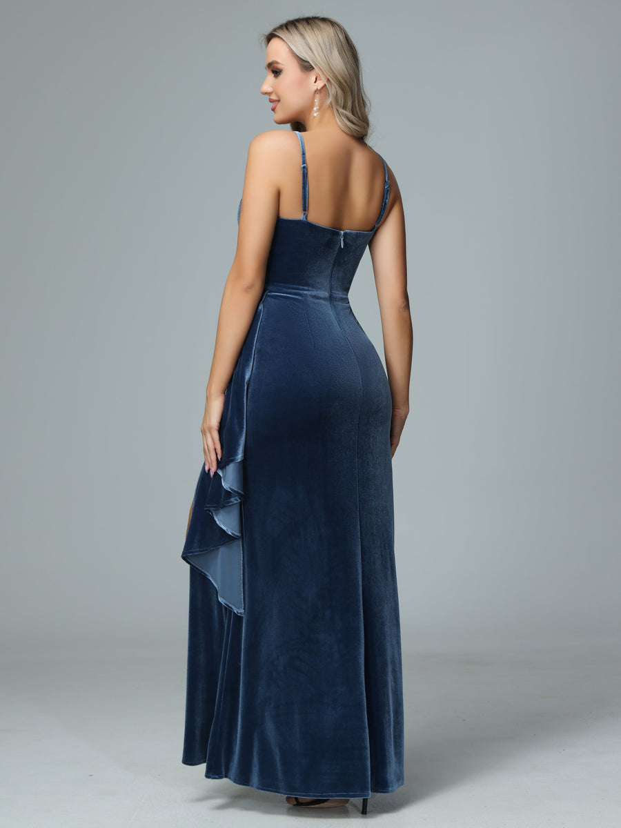 V-neck Spaghetti Straps Long Junior Bridesmaid Dress Slate Blue