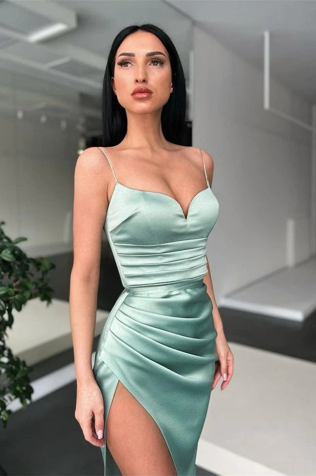 Green Spaghetti Straps Mermaid Prom Dress With High Slit