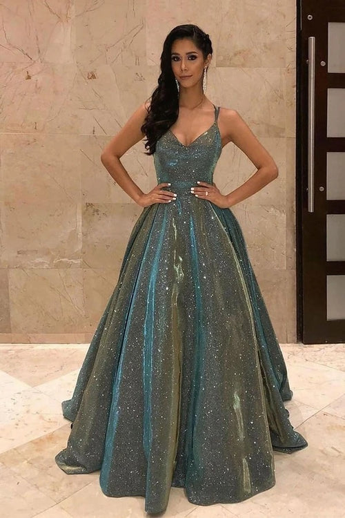 Glitter A-Line Ball Gown Spaghetti Straps Prom Dresses with Sweep/Brush Train