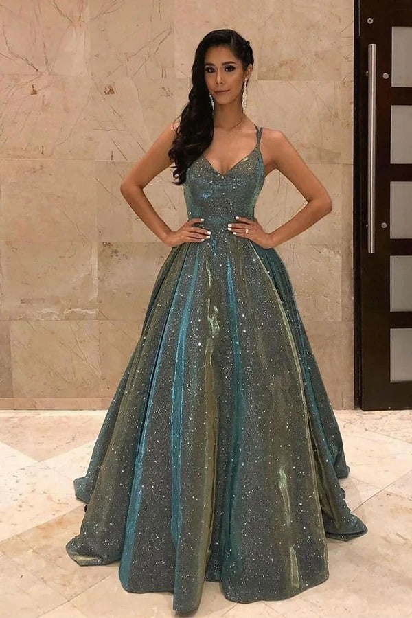 Sparkly Spaghetti Straps Prom Dress Backless Ball Gown PD1101
