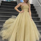 Shiny Prom Dresses A Line Strapless Tulle Long Formal Evening Dresses