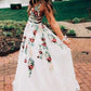 Elegant Lace A Line Backless Prom Dresses with Handmade Flower Appliques