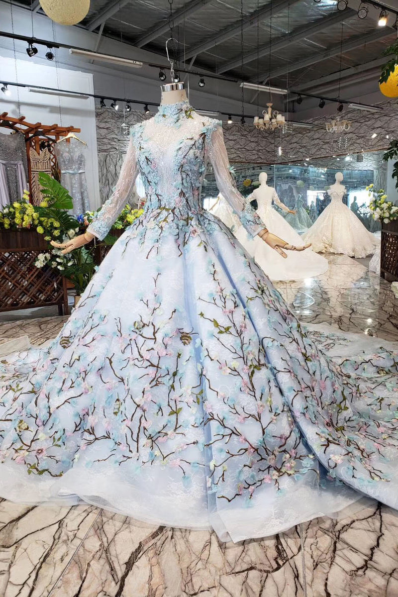 long sleeve floral embroidered wedding dress Illusion Long Sleeve Flower Wedding Dress