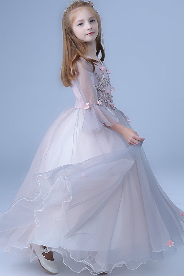Cute V Neck Long Sleeves Tulle Floor Length A Line With Appliques Flower Girl Dresses