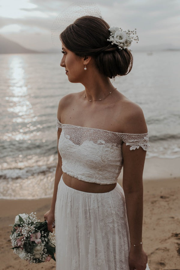 Simple Ivory V Neck Off The Shoulder Sweep Train Wedding Dress main image 1