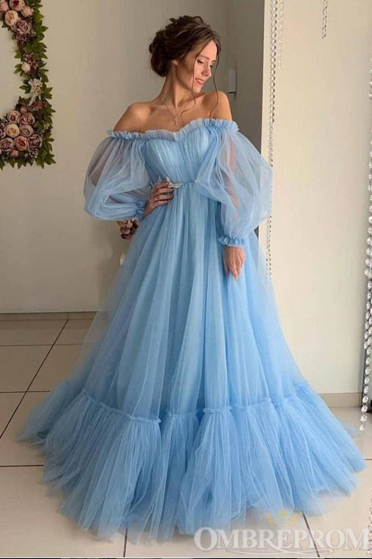 Chic Lace Up Blue Tulle Simple A Line Princess Prom Dresses D332