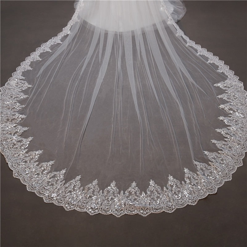 Elegant Lace Edge Cathedral Tulle With Applique Wedding Veils