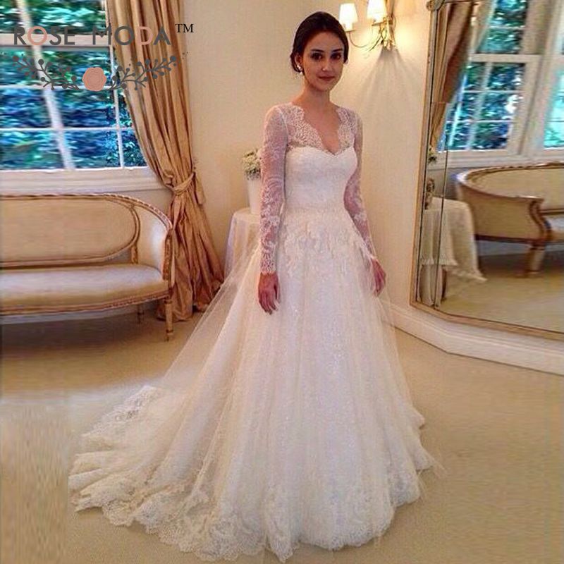 Charming V Neck Long Sleeves Sweep Train Lace Wedding Dresses