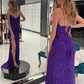 Sequins Grape V-Neck High Slit Formal Graduation Evening Dresses Long Prom Dresses