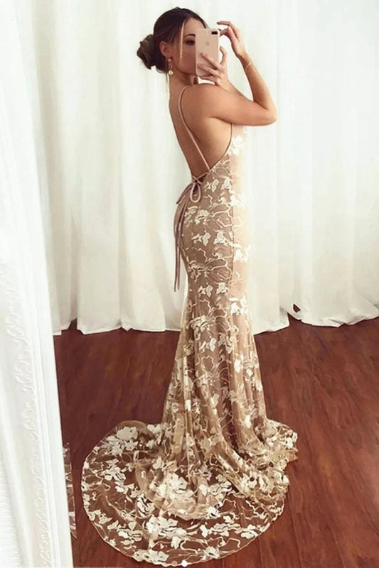 Backless Lace Appliques Mermaid V-Neck Spaghetti Straps Prom Dresses