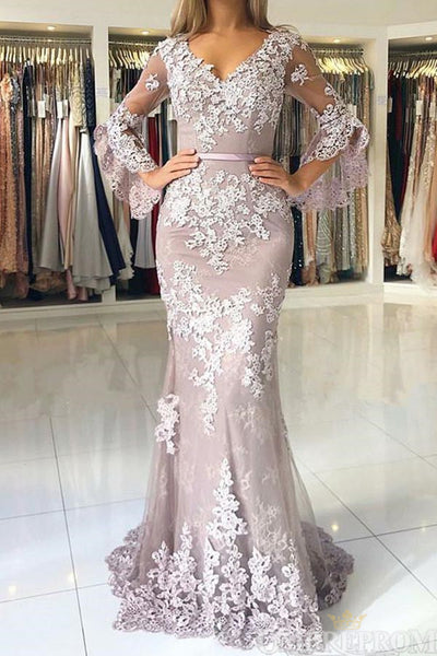 Charming Long Sleeves Lace Mermaid Prom Dresses,V Neck Navy Blue Wedding Party Dresses main image 1
