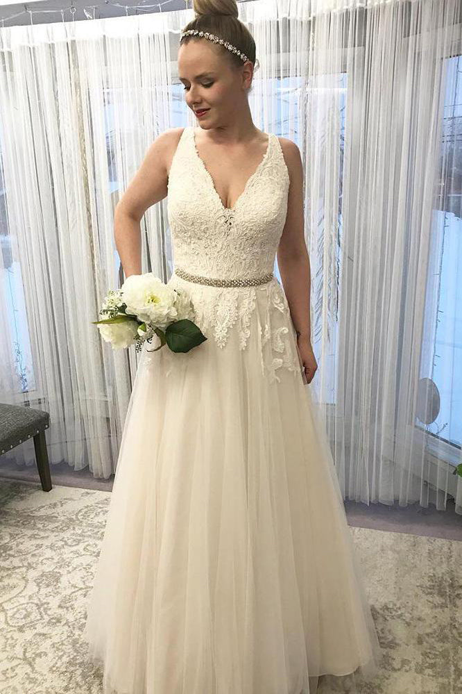 V Neck Sleeveless Lace A Line Wedding Dresses with Beading