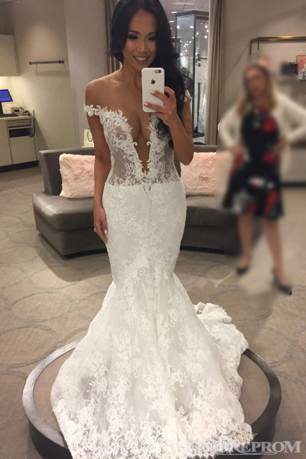 Vintage Off Shoulder Deep V Neck Mermaid Lace Wedding Dresses