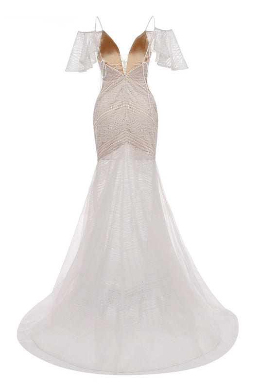 Spaghetti Straps Mermaid Long Lace Beach Wedding Dresses With Sleeves