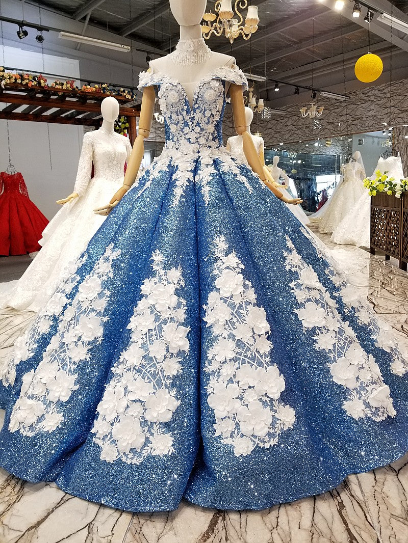 Cinderella Blue Ball Gown Prom Dress With Puff Sleeves For Quinceanera  Wholesale #T69528 - GemGrace.com