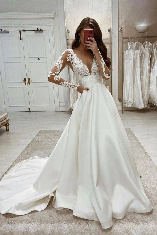 long sleeve lace top wedding dress Ombreprom Formal Sleeves V-neck Satin A-line Bridal Gown Dolce Chartreuse Satin Maxi DROP-06012026 and the neckline frames SIZE:15.5
