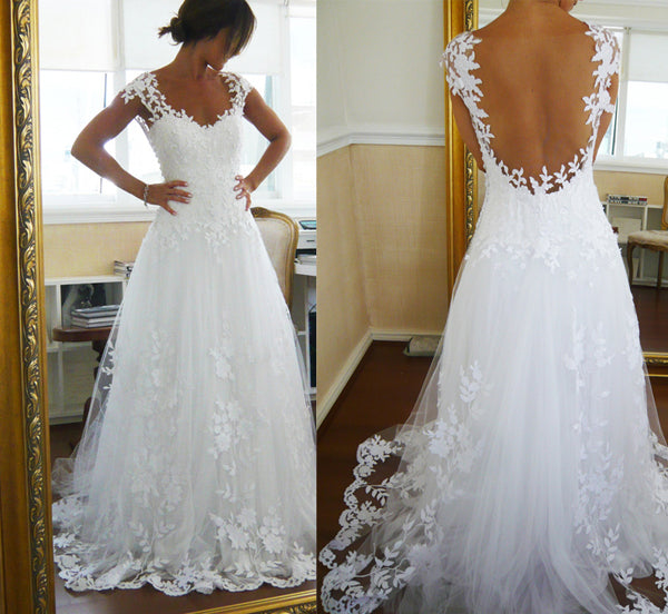 Capped Sleeve Open Back Cheap Wedding Gowns,Lace Appliques Beach Wedding Dress W91 - Ombreprom