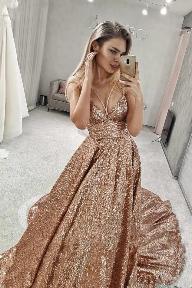 Sparkly A-line Straps V Neck Sequin Long Prom Dress