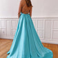 Blue Sleeveless A-line Spaghetti Straps Backless Long Prom Dresses