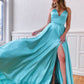 Blue Sleeveless A-line Spaghetti Straps Backless Long Prom Dresses
