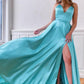 Blue Sleeveless A-line Spaghetti Straps Backless Long Prom Dress
