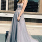Silver Sleeveless A-line Spaghetti Straps Lace Long Prom Dress