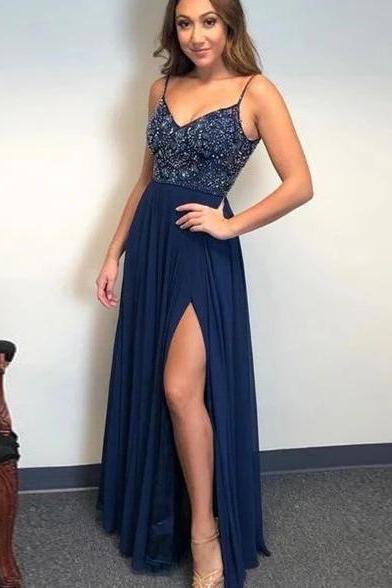 Dark Navy A-line Spaghetti Straps Backless Beaded Long Prom Dress