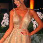 Sparkly Gold V Neck A-line Long Prom Dresses Evening Dresses