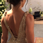 Sparkly Gold V Neck A-line Long Prom Dresses Evening Dresses