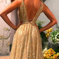 Sparkly Gold V Neck A-line Long Prom Dresses Evening Dresses