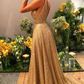Sparkly Gold V Neck A-line Long Prom Dress Evening Dress