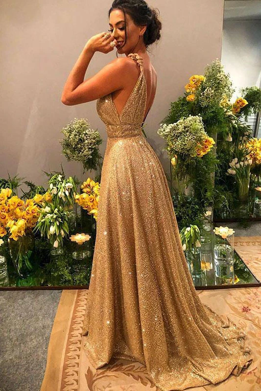 Sparkly Gold V Neck A-line Long Prom Dress Evening Dress