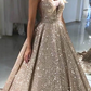 Sparkly A-line Sleeveless V Neck Ball Gown Prom Dresses