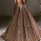 Sparkly A-line Sleeveless V Neck Ball Gown Prom Dresses