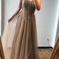 Brown A-line Off-the-shoulder Beaded Long Prom Dresses Evening Gown