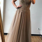 Brown A-line Off-the-shoulder Beaded Long Prom Dress Evening Gown