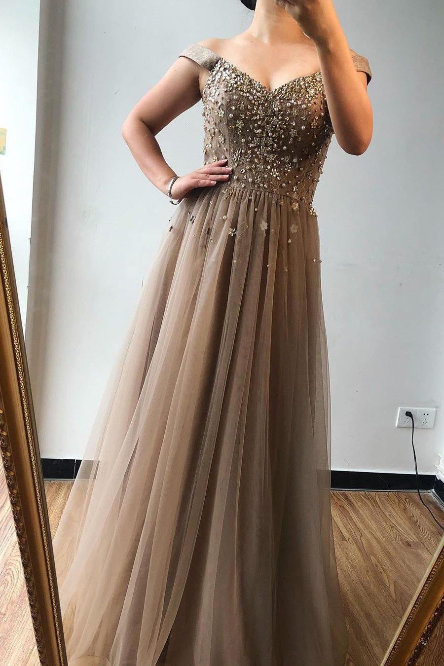 Brown A-line Off-the-shoulder Beaded Long Prom Dress Evening Gown