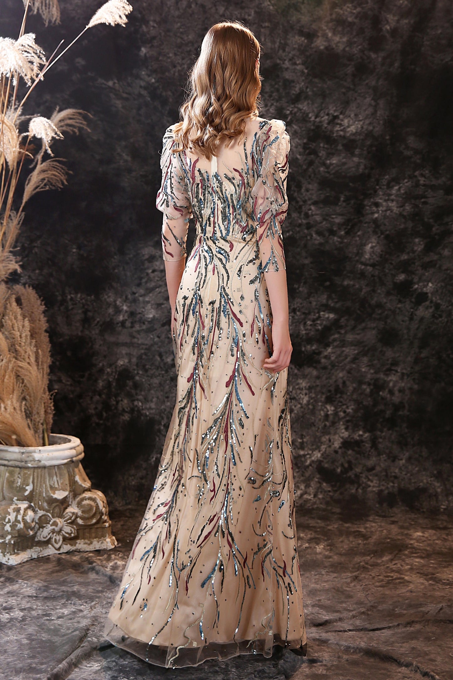 Stunning Half Sleeves A Line Floor-length Sequins Beaded Prom Dresses