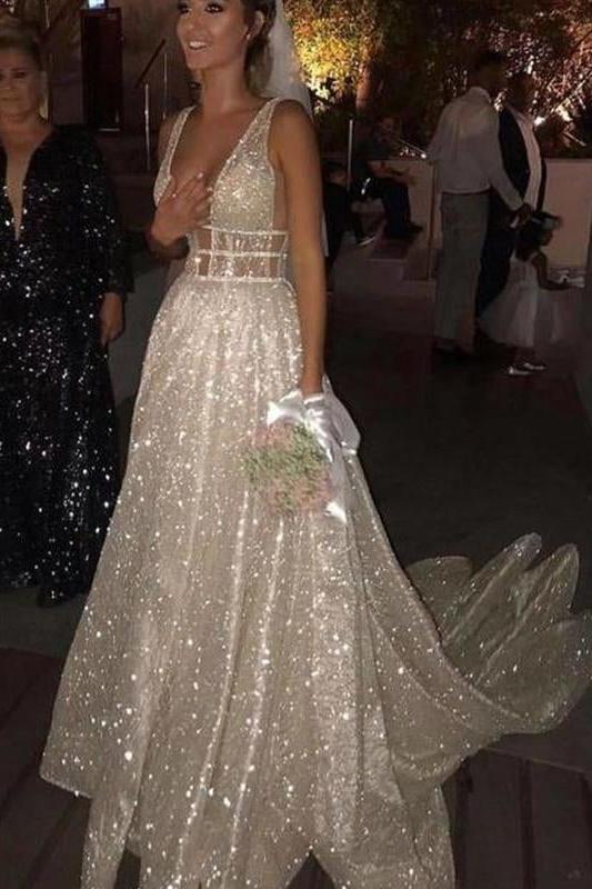 Sparkly Boho Beach Wedding Dress A Line Sweep Train V Neck Bridal Gowns W567